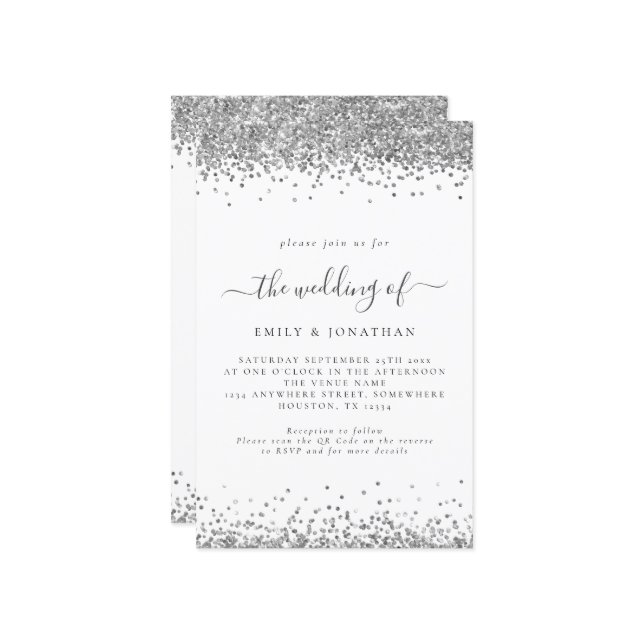 Budget Silver Glitzer QR Code Wedding Einladung (Vorderseite/Rückseite Beispiel)