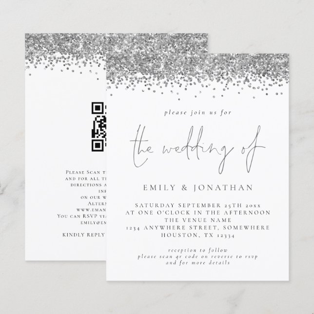Budget Silver Glitzer QR Code Wedding Einladung (Vorne/Hinten)
