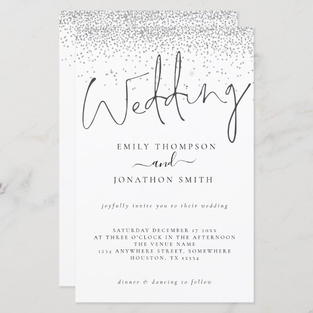 Budget Silver Glitzer Script Wedding Einladung (Vorne/Hinten)
