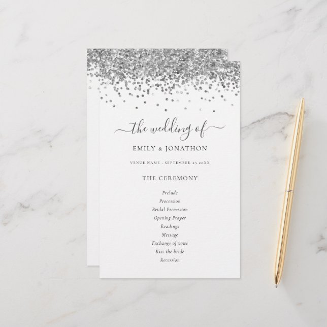 Budget Silver Glitzer Script Wedding Programm (Vorderseite/Rückseite Beispiel)