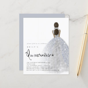 Budget Silver Gown Dunkle Haare QR Quinceañera