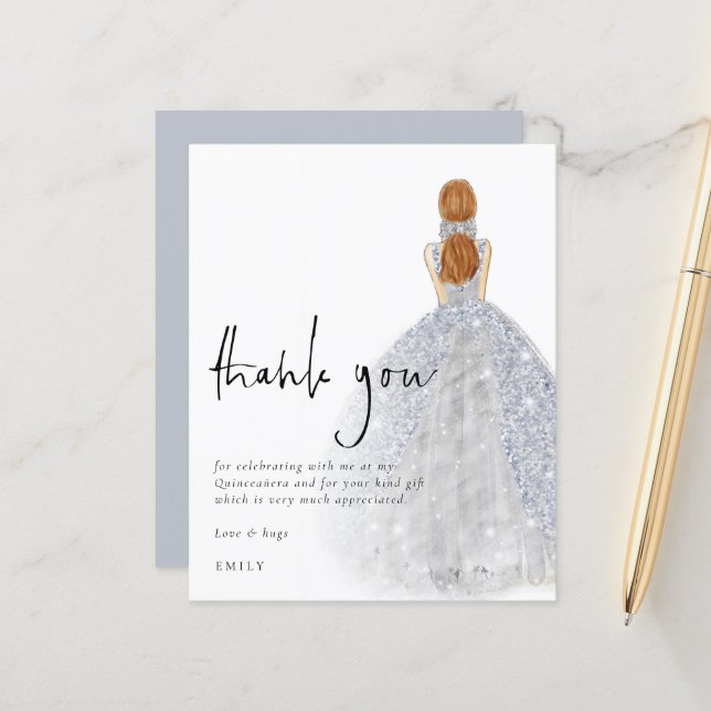 Budget Silver Gown Red Hair Quinceañera Vielen Dan (Vorderseite/Rückseite Beispiel)