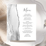 Budget Silver Gray Agate White Wedding Menü<br><div class="desc">Die links Seite dieses eleganten,  modernen Hochzeitsmenüs besticht durch eine grau-weiße Aquarellwand,  die mit Imitaten aus silberem Glitzer bestickt ist. Der benutzerdefinierbare Text vereint kokal-graue Handschriftenschrift und Copperplate-Schriftart auf weißem Hintergrund. Auf der Rückseite ist ein passendes grau- und silberfarbenes Design erkennbar.</div>