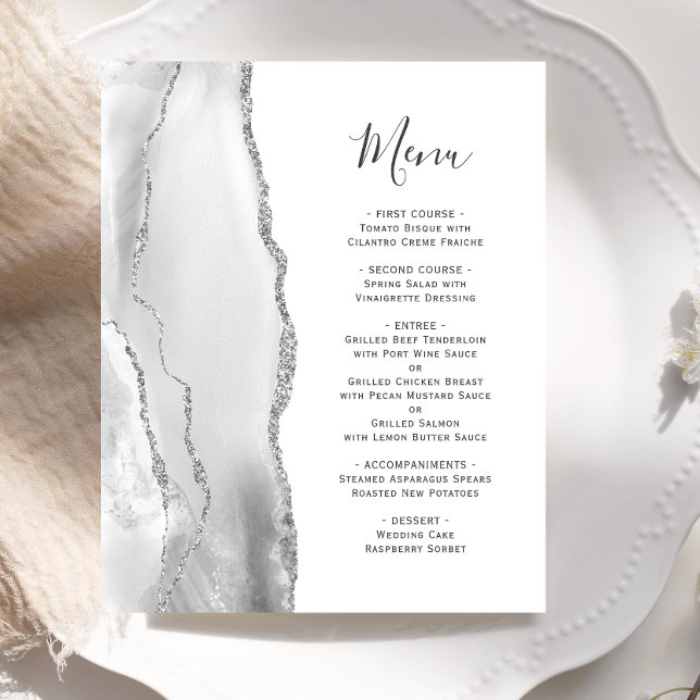 Budget Silver Gray Agate White Wedding Menü (Von Creator hochgeladen)