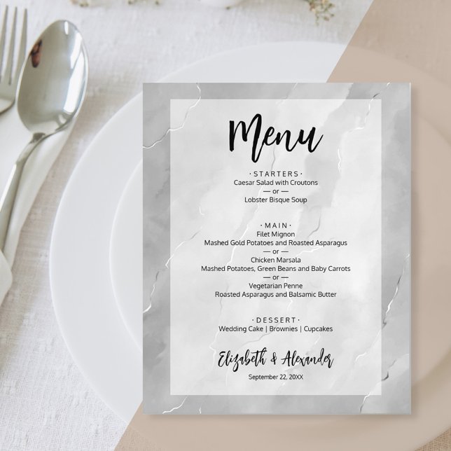 Budget Silver Gray Marble Wedding Menu Flyer (Von Creator hochgeladen)