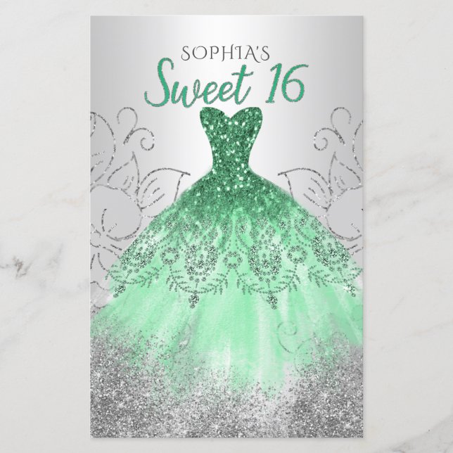 Budget Silver Green Dress Sweet 16 Einladung (Vorderseite)