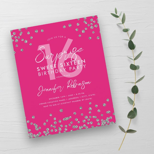 Budget Silver Hot Pink Confetti Sweet 16 Einladung (Budget Silver Hot Pink Confetti Sweet 16 Invite)