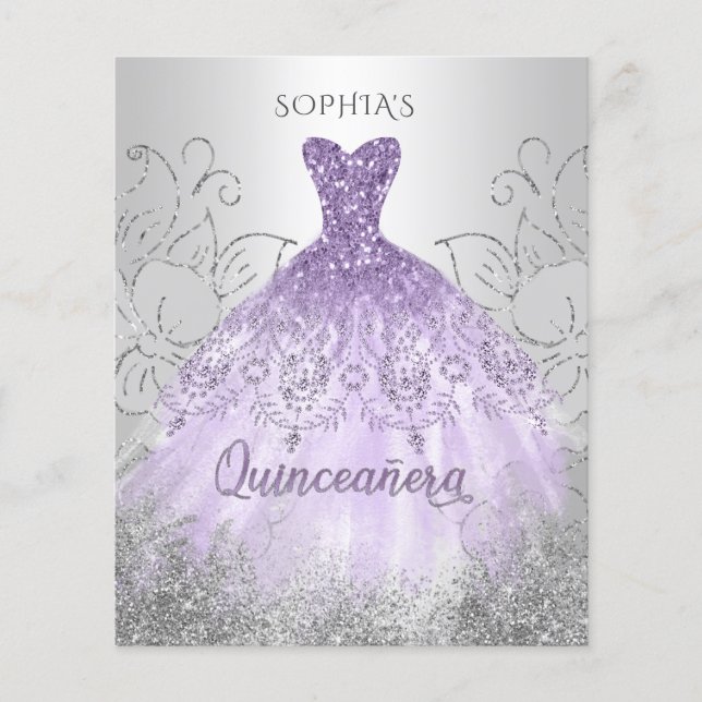 Budget Silver Lila Dress Quinceañera Einladung (Vorderseite)