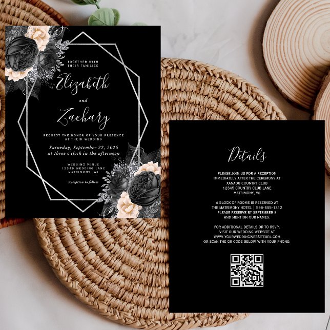 Budget Silver Peach Black Floral QR Code Hochzeit (Von Creator hochgeladen)