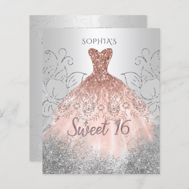 Budget Silver Rose Gold Dress Sweet 16 Einladung (Vorne/Hinten)