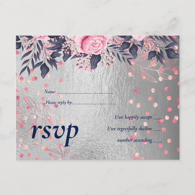 BUDGET Silver Rosegold Navy Pink Metallic Wedding Einladungspostkarte (Vorderseite)