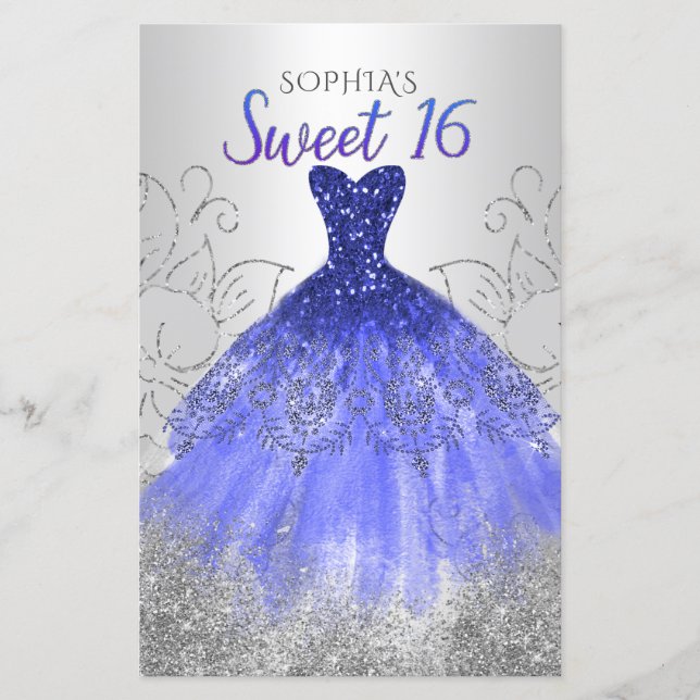 Budget Silver Royal Blue Dress Sweet 16 Einladung (Vorderseite)