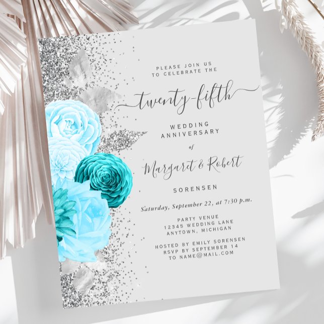 Budget Silver Teal Floral 25th Anniversary Party (Von Creator hochgeladen)
