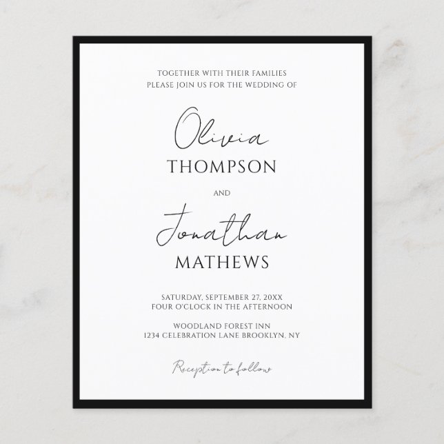 BUDGET Simple Black Tie White Script Wedding (Vorderseite)