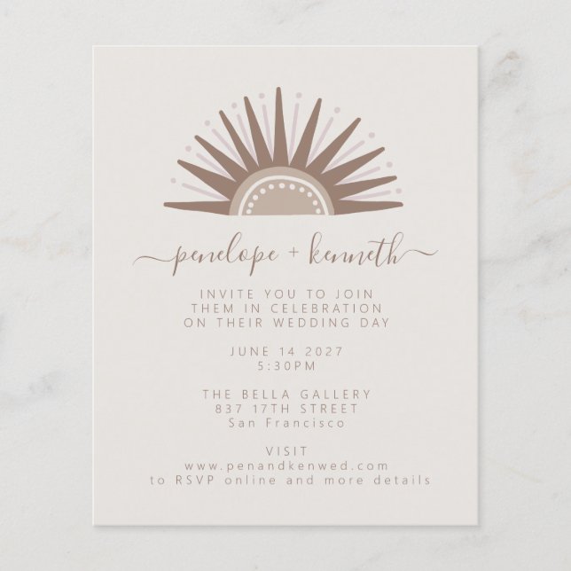 Budget Simple Boho Sun Taupe Wedding Einladung (Vorderseite)