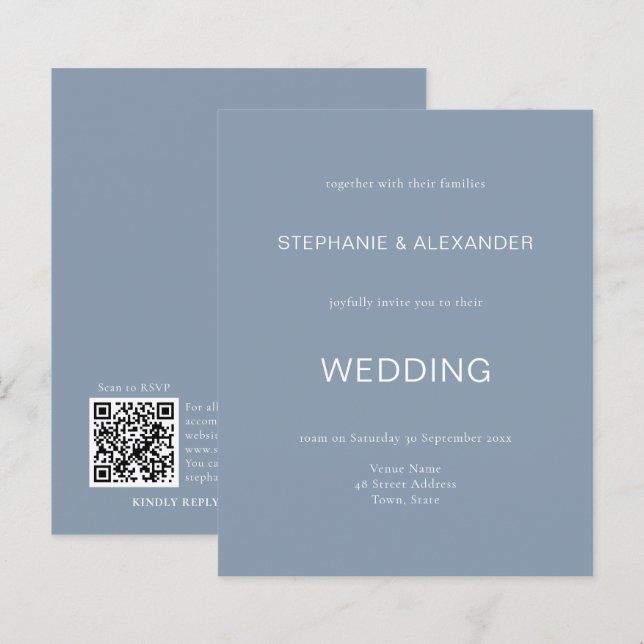 Budget Simple Dusty Blue Wedding QR Code Einladung (Vorne/Hinten)