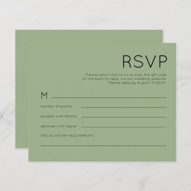 Budget Simple QR Code Sage Green Wedding RSVP (Vorne/Hinten)