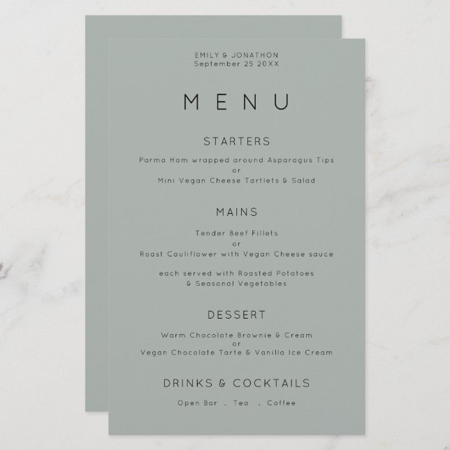 Budget Simple Silvery Sage Green Wedding Menu (Vorne/Hinten)