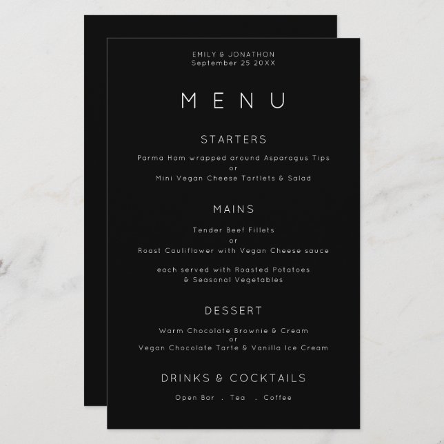 Budget Simple Typografy White Black Wedding Menu (Vorne/Hinten)