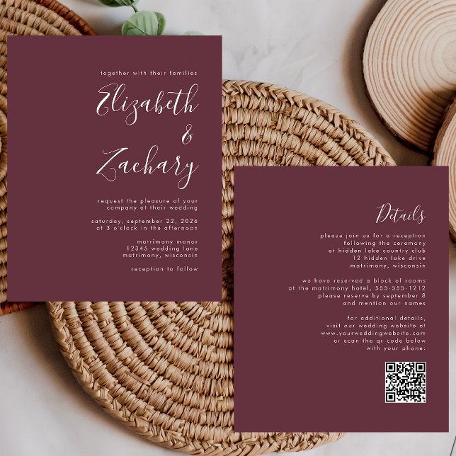 Budget Skript Burgundy QR Code Hochzeit Einladung (Von Creator hochgeladen)