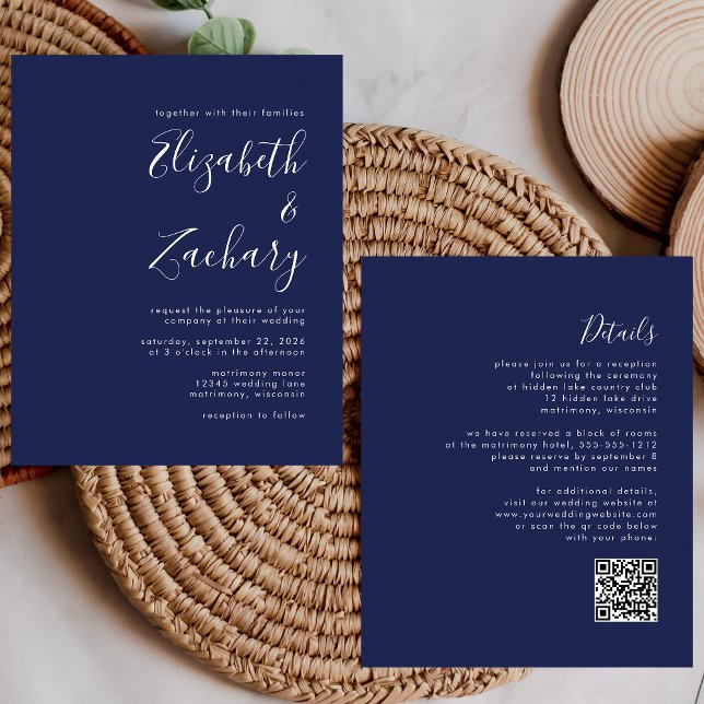 Budget Skript Navy Blue QR Code Hochzeit Einladung (Von Creator hochgeladen)