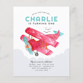 Budget Sky Cloud Watercolor Red Airplane Geburtsta
