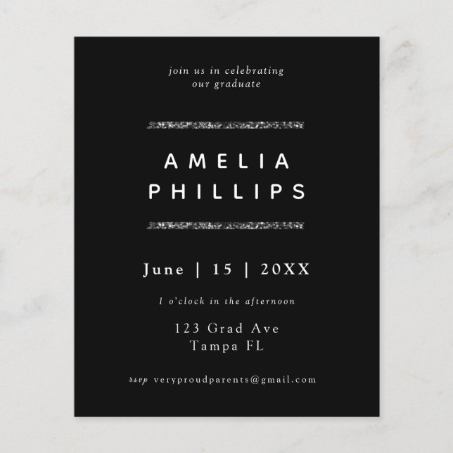 Budget Sliver Glitzer Trendy Abschluss Einladung (Vorderseite)