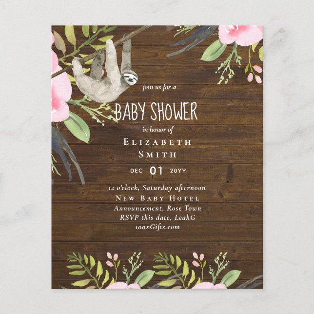 BUDGET Sloth FOTO BABY Event Einladung Girl Boy Flyer (Vorne)