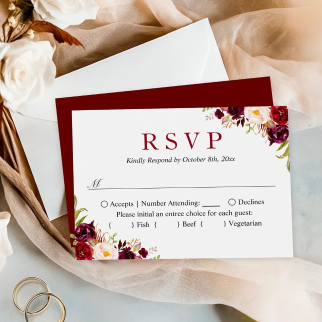 Budget Small Wedding RSVP | Burgund Blush Floral Mitteilungskarte (Von Creator hochgeladen)
