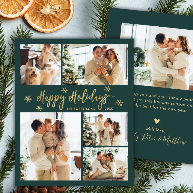 Budget Snowflake Green Gold 5 Photo Collage Card (Von Creator hochgeladen)