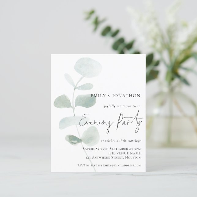 Budget Soft Eucalyptus Wedding Abend Einladung (Stehend Vorderseite)