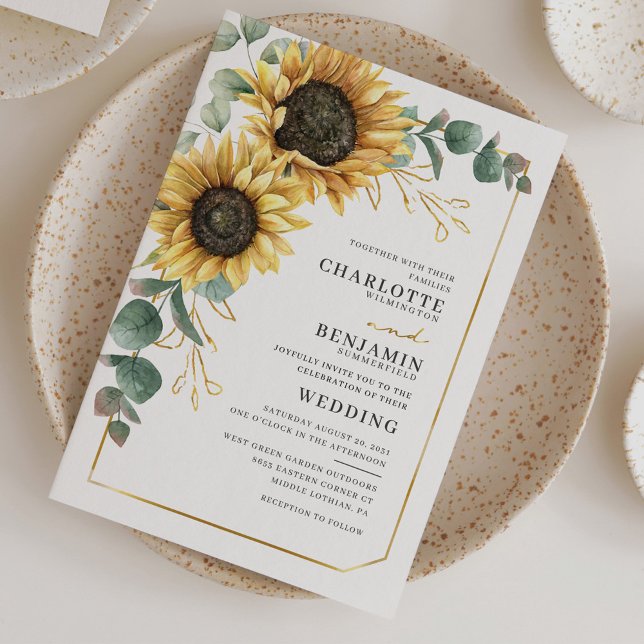Budget Sonnenblume Eukalyptus Floral Wedite Einlad (Sunflower Eucalyptus Typography Botanical Wedding Invitation)