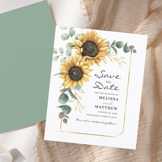 Budget Sonnenblume Eukalyptus Grüne Save the Date (Sunflower Eucalyptus Greenery Wedding Save The Date)