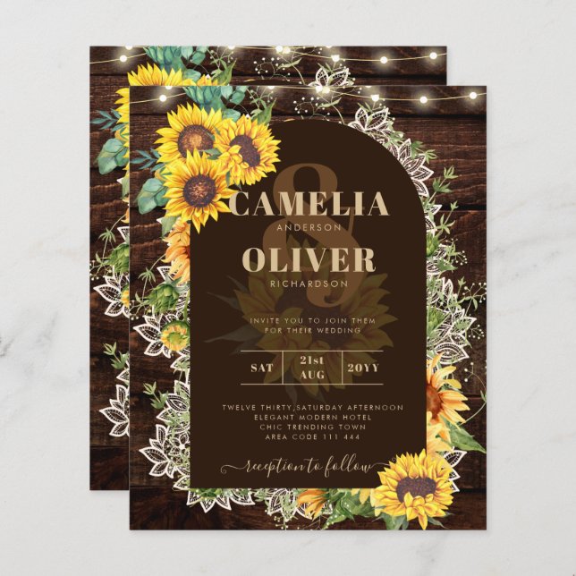 BUDGET Sonnenblumen Lights Lace Wedding INVITE (Vorne/Hinten)