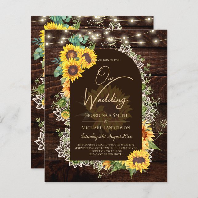 BUDGET Sonnenblumen Lights Lace Wedding INVITE (Vorne/Hinten)