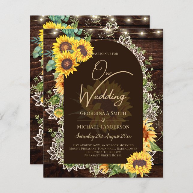 BUDGET Sonnenblumen Lights Lace Wedding INVITE (Vorne/Hinten)