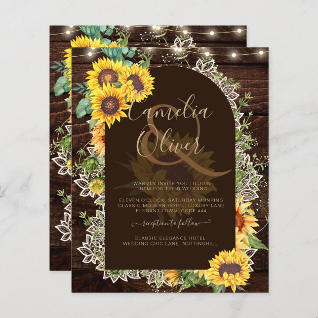 BUDGET Sonnenblumen Lights Lace Wedding INVITE (Vorne/Hinten)