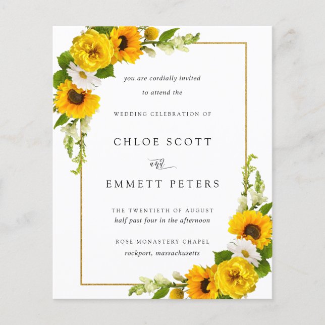 Budget Sonnenblumen Rustikale Hochzeit Einladung (Vorderseite)