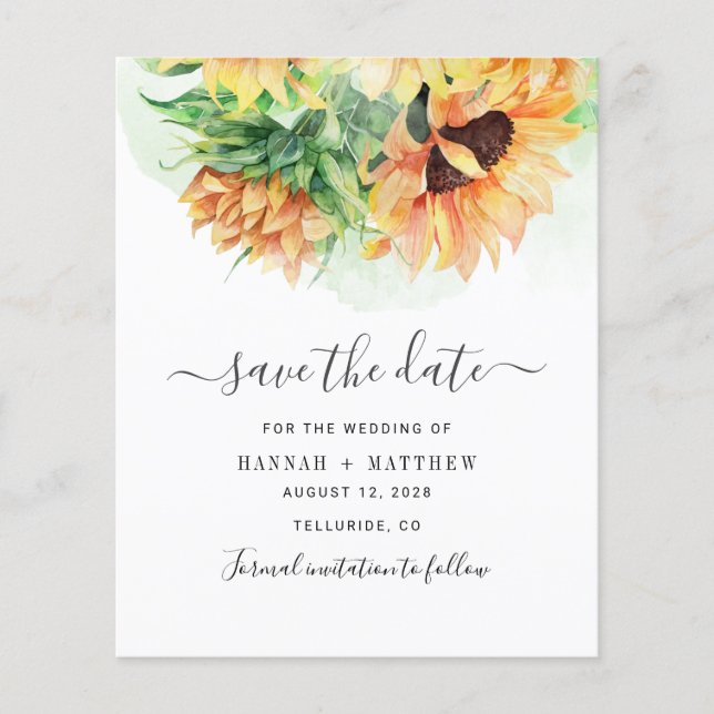 Budget Sonnenblumenwasser Hochzeit speichern Datum (Vorderseite)