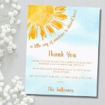Budget Sonnenschein Baby Dusche Vielen Dank<br><div class="desc">Diese kleine Babydusche-Dankeschön-Karte enthält den Text "Ein kleiner Sonnenstrahl ist fast hier!" mit gelber Aquarellsonne und blauem Himmelshintergrund. Ideal für eine geschlechtsneutrale Babydusche. Einfach anpassbar. Ändern Sie mithilfe des Entwurfstools die Textgröße, den Stil oder die Farbe. Weil wir unsere Kunstwerke erstellen, werden Sie dieses exakte Bild von anderen Designern nicht...</div>
