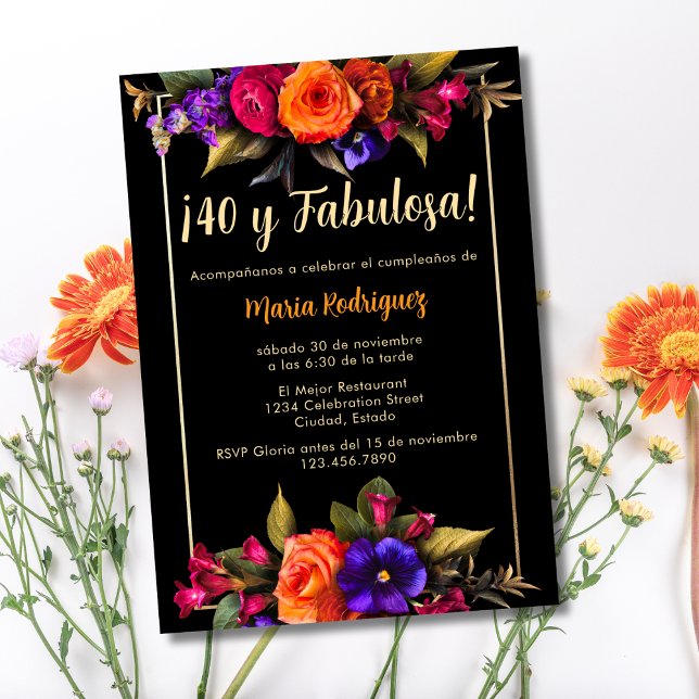 Budget Spanisch Elegant Florals Black 40. Geburtst Einladung (Von Creator hochgeladen)