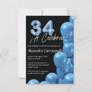 Budget Spanish Blue Balloons Black 34. Geburtstag Einladung
