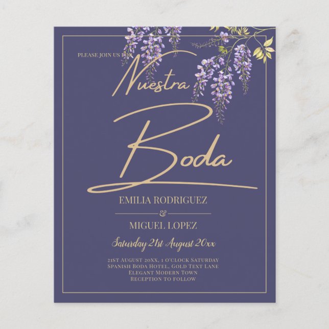 BUDGET Spanish BODA Wisteria Lila Gold Wedding Flyer (Vorne)