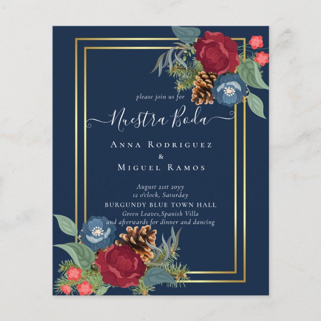 BUDGET Spanish Wedding Nuestra BODA Burgundy Blue Flyer (Vorne)