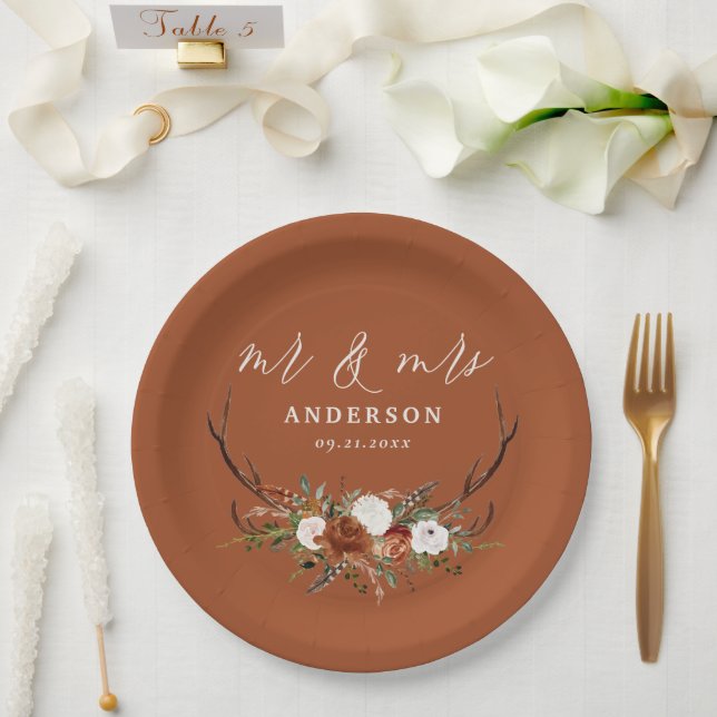 Budget Stag rustikale botanische Hochzeit Terrakot Pappteller (Hochzeit)