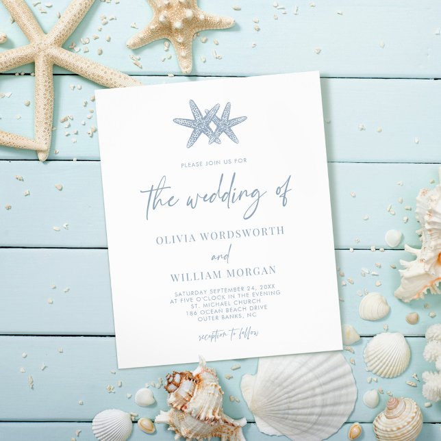 Budget Starfish Dusty Blue Script Wedding Einladun Flyer (Von Creator hochgeladen)