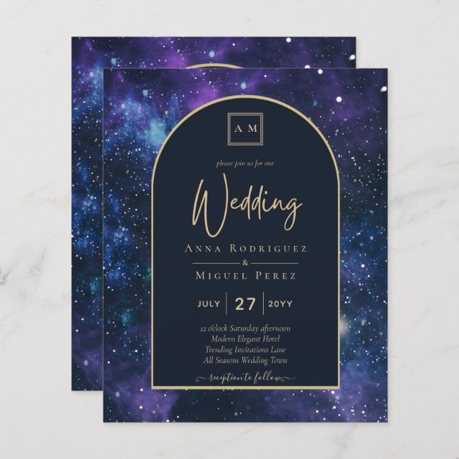 BUDGET Starry Night Lila Blue Wedding INVITE (Vorne/Hinten)