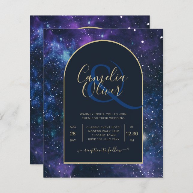 BUDGET Starry Night Lila Blue Wedding INVITE (Vorne/Hinten)