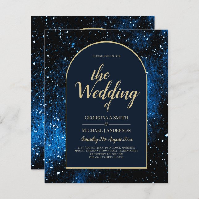 BUDGET Starry Night Navy Blue Gold Hochzeit INVITE (Vorne/Hinten)