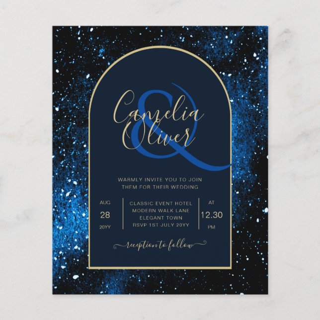 BUDGET Starry Night Navy Blue Gold Hochzeit INVITE Flyer (Vorne)